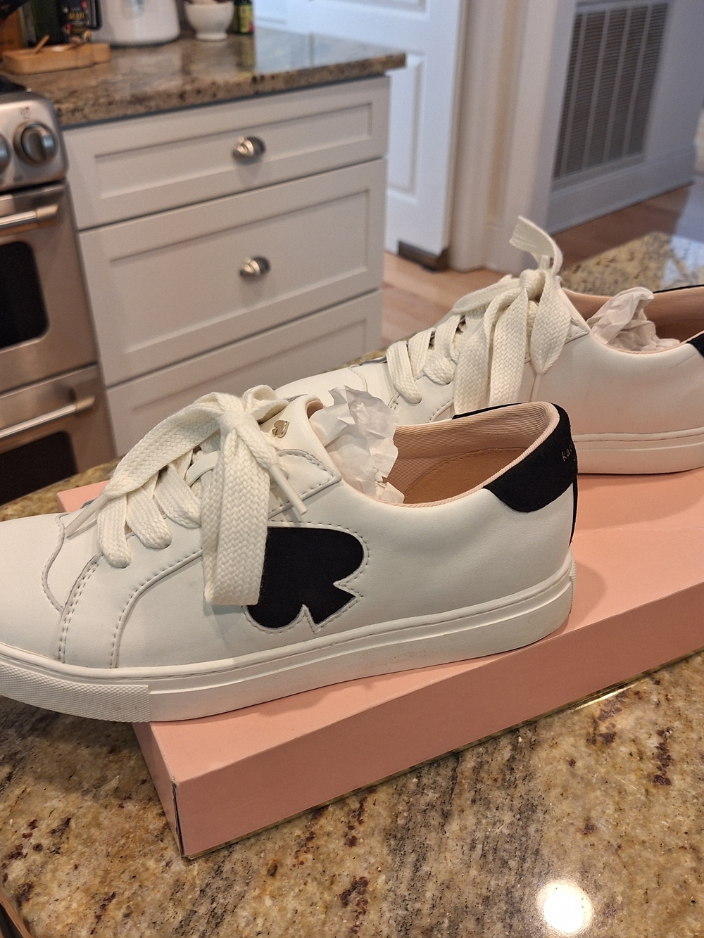 kate spade White Leather Sneakers with Black Heart Accent